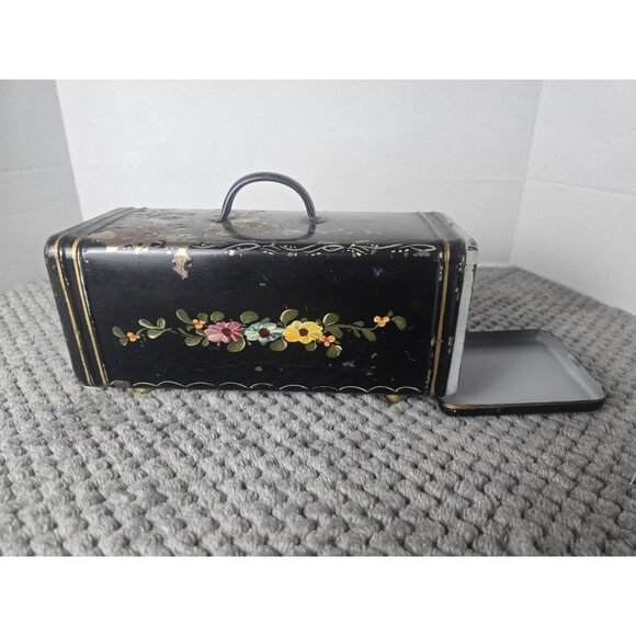 Vintage Toleware Black Metal Box Hand Painted Floral Sewing Vanity Tin Rustic - Picture 5 of 10